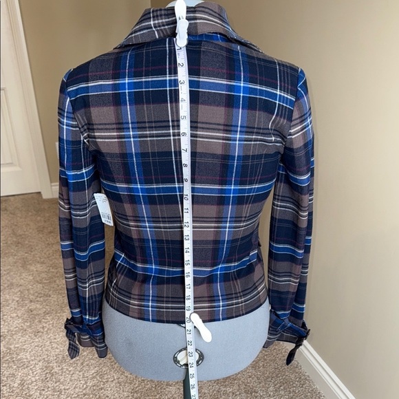 Le Chateau Blue and Brown Blazer with Plaid Pattern Tartan Biker Rocker - Picture 11 of 16